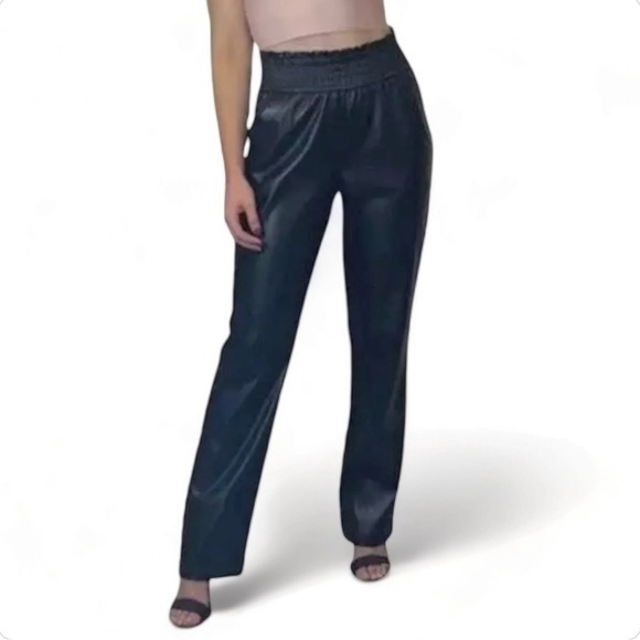 Joie Black Faux Leather Smocked High Waist Straight Leg Pants 6 - Picture 1 of 17